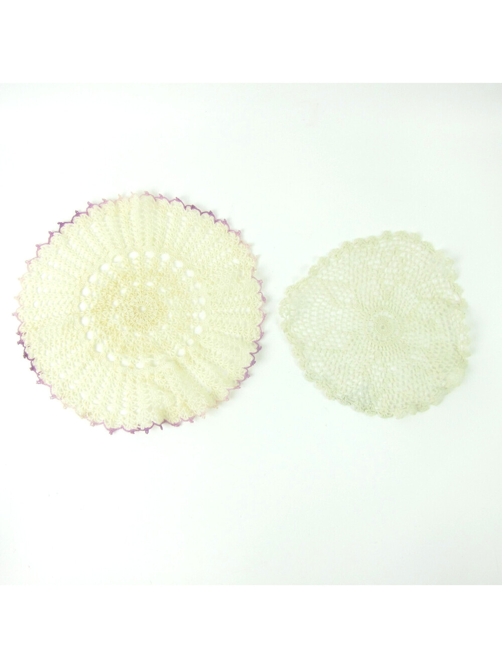 Vintage Hand Crochet Doily Set of 2 Ivory White Purple Scalloped Edge 7" and 5"